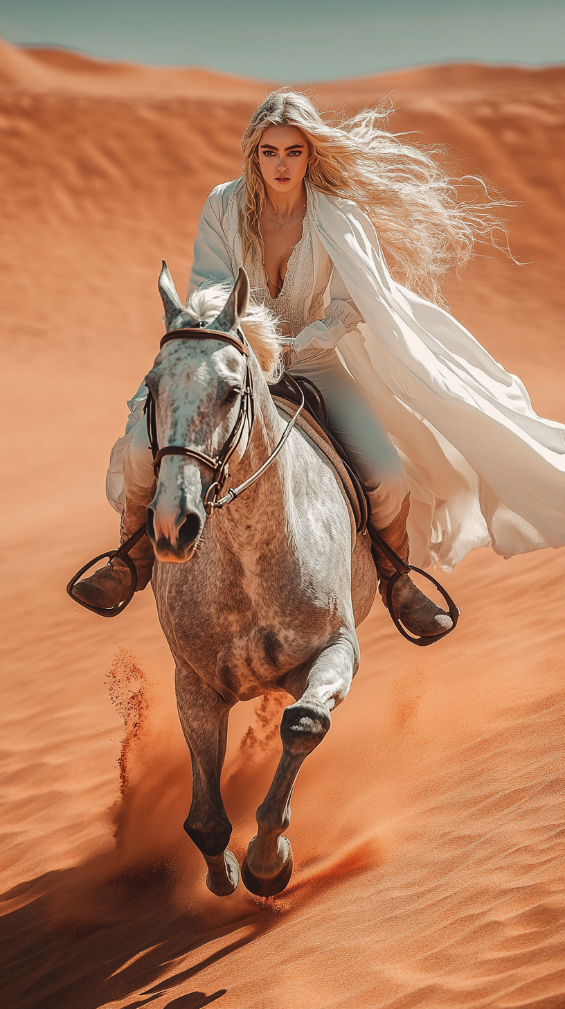 Blonde woman riding dark gray dapple horse.