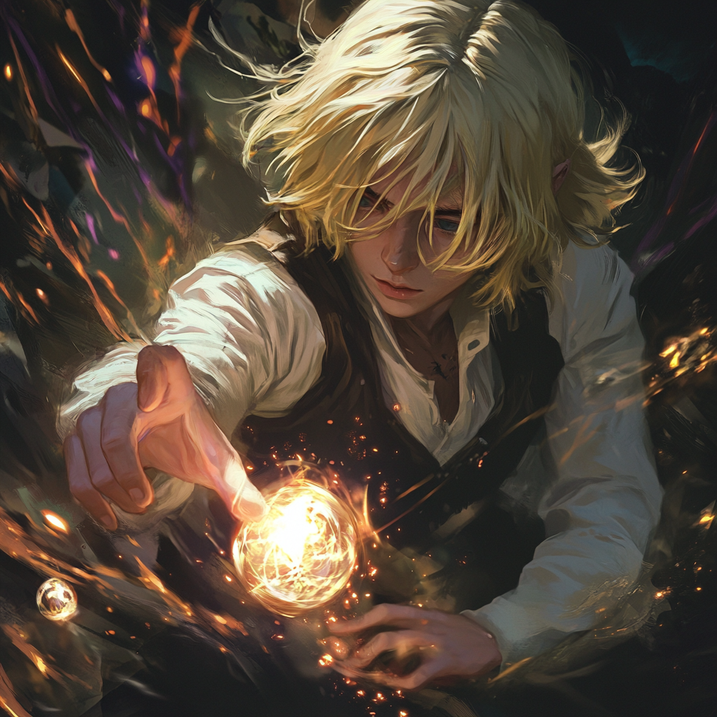 Blonde young man casting spell transforms falling