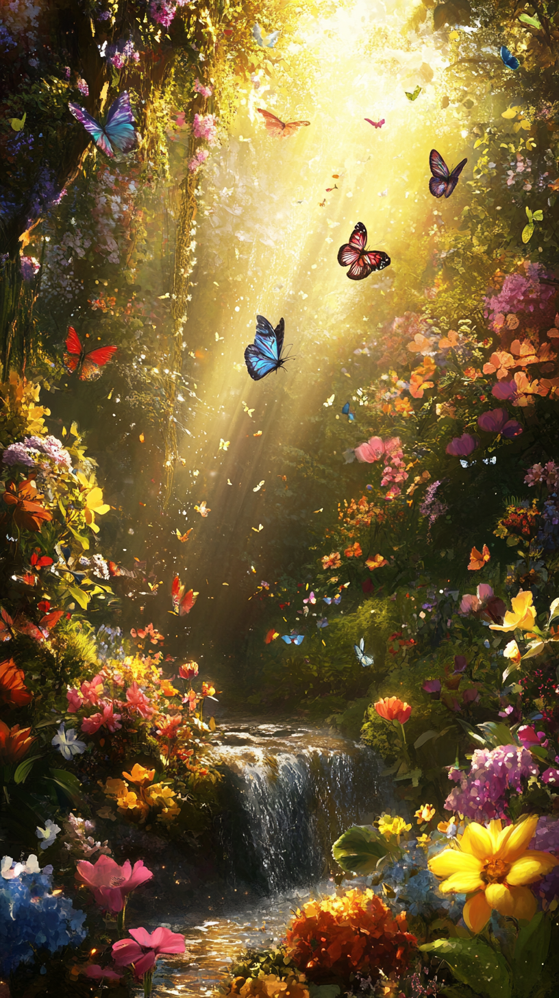 Blooming flowers in magical garden with butterflies and sunlight.