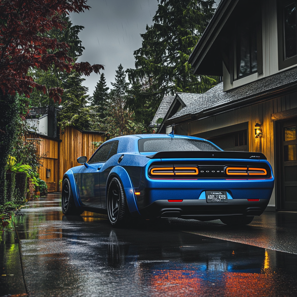 Blue 2024 Dodge Challenger Hellcat in front of upscale Seattle home.