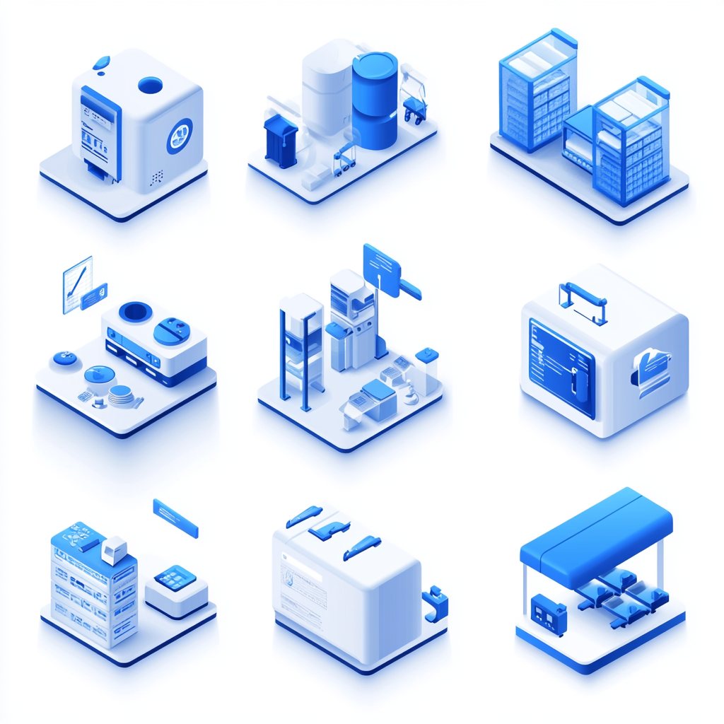 Blue 3D isometric illustrations of various business processes.