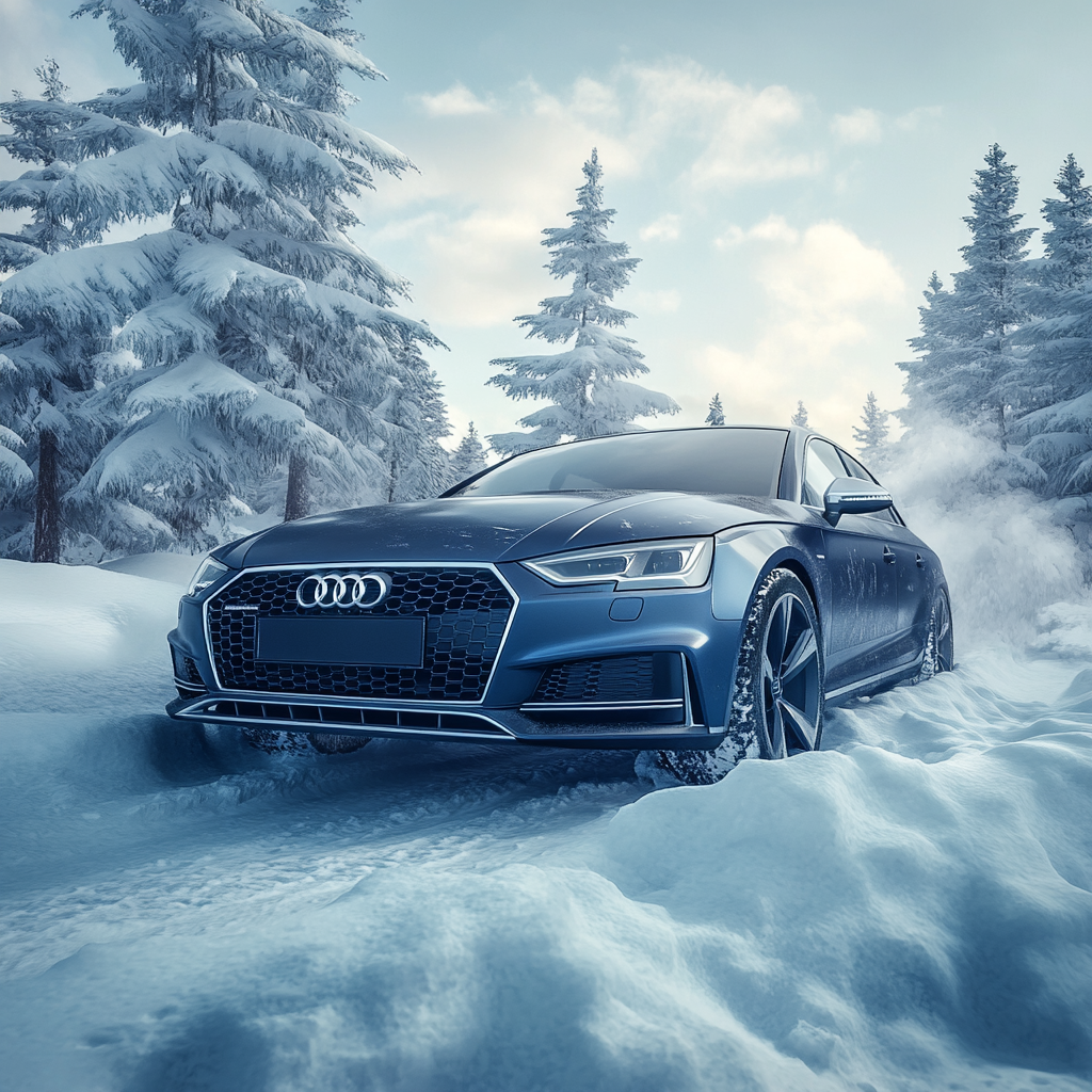 Blue Audi sedan car stuck in snowy forest.