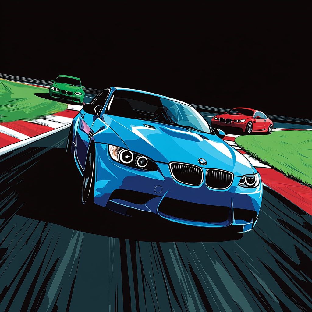 Blue BMW M3 speeding on vibrant running track.