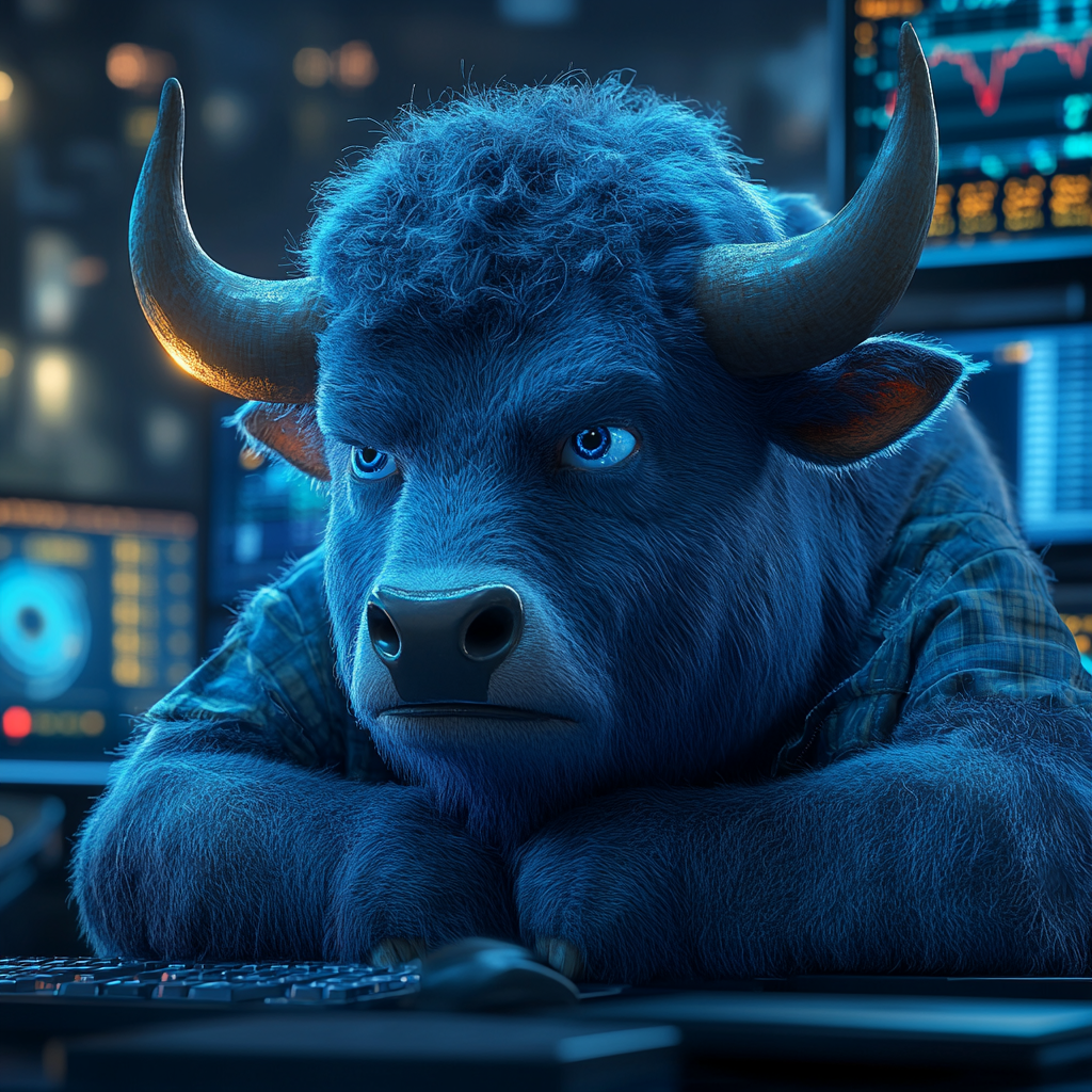 Blue Bull sad, trading stocks on computer. Sony Alpha.