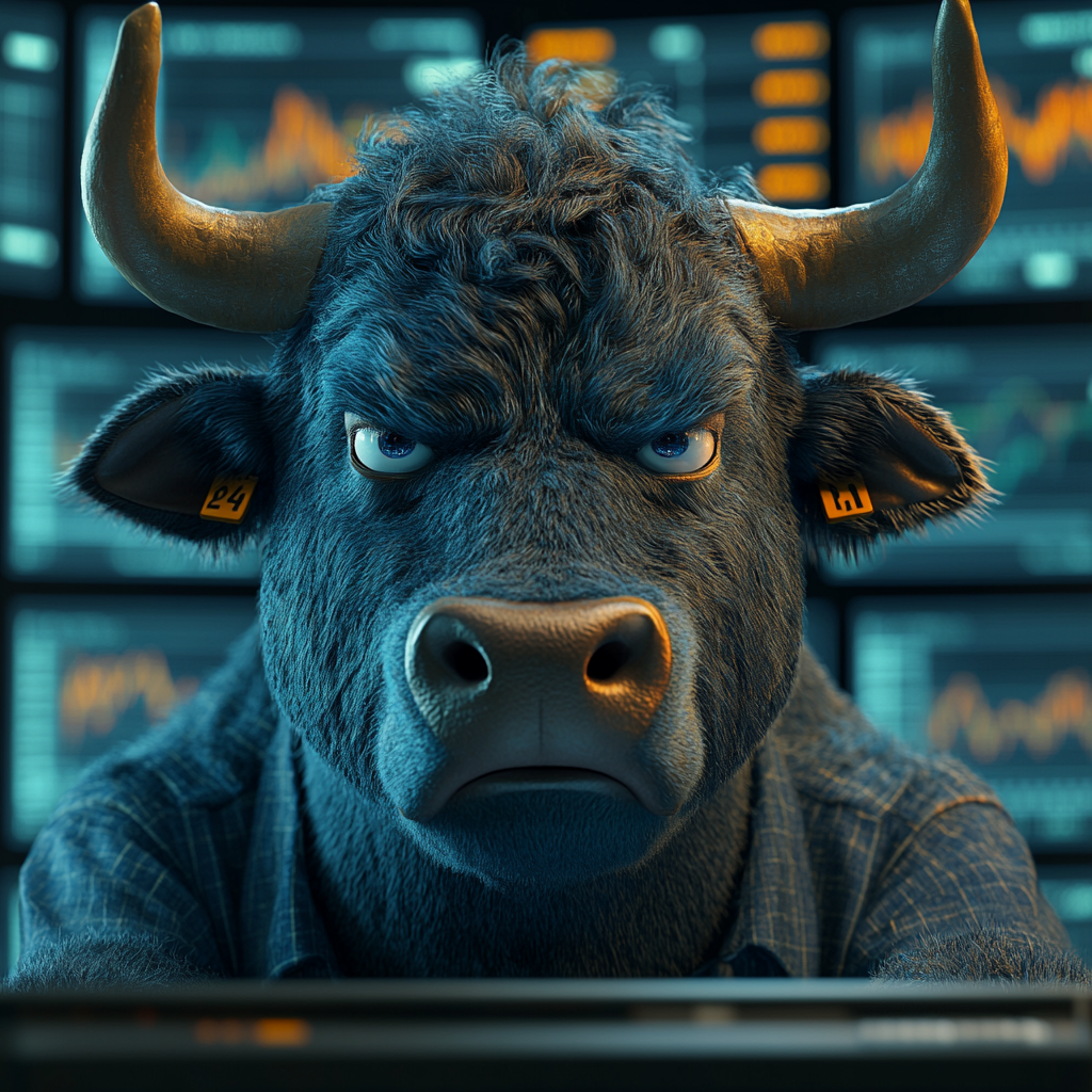 Blue Bull trading stocks on computer with multiple screens.