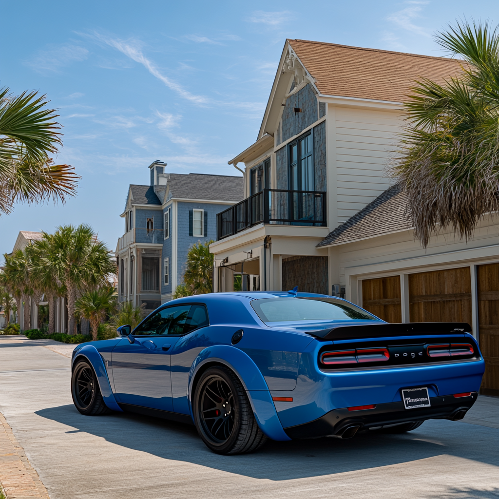 Blue Dodge Challenger Hellcat in affluent Pensacola Beach neighborhood.