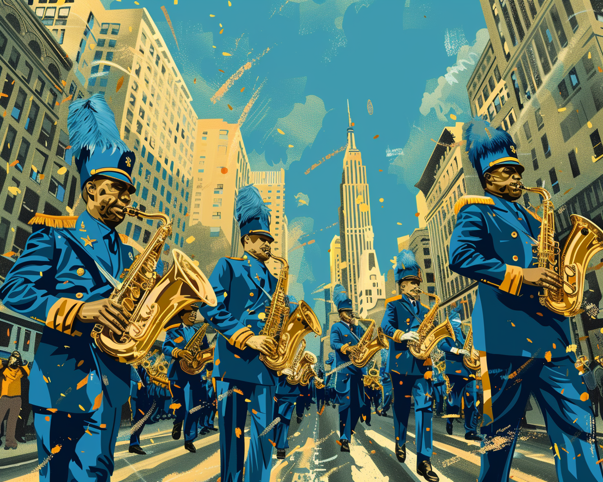 Blue-Gold Retro Poster: ETSU Marching Bucs in NYC