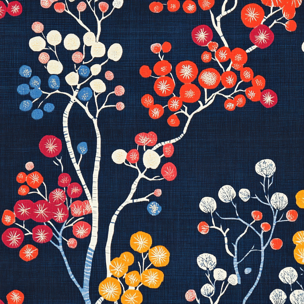 Blue Japanese pattern with vibrant accents on fabric.