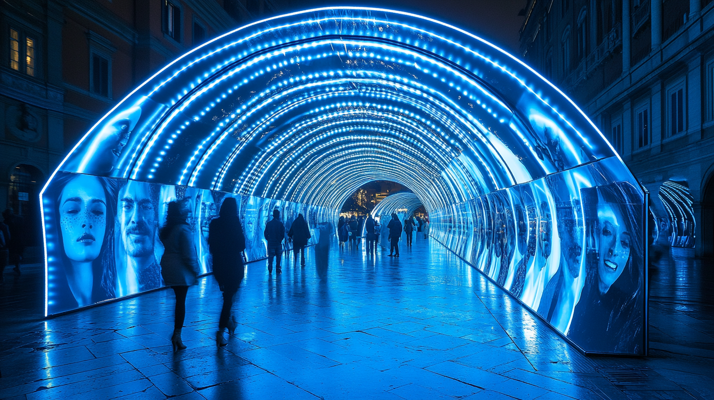 Blue LED tunnel with glass/acrylic faces, ethereal atmosphere.