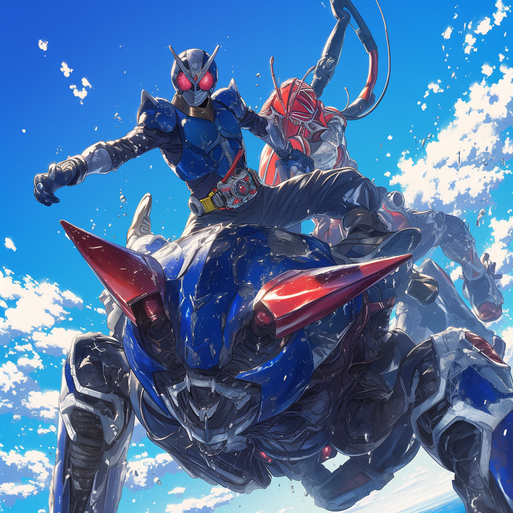 Blue and red kamen riders with triangle and circle marks.