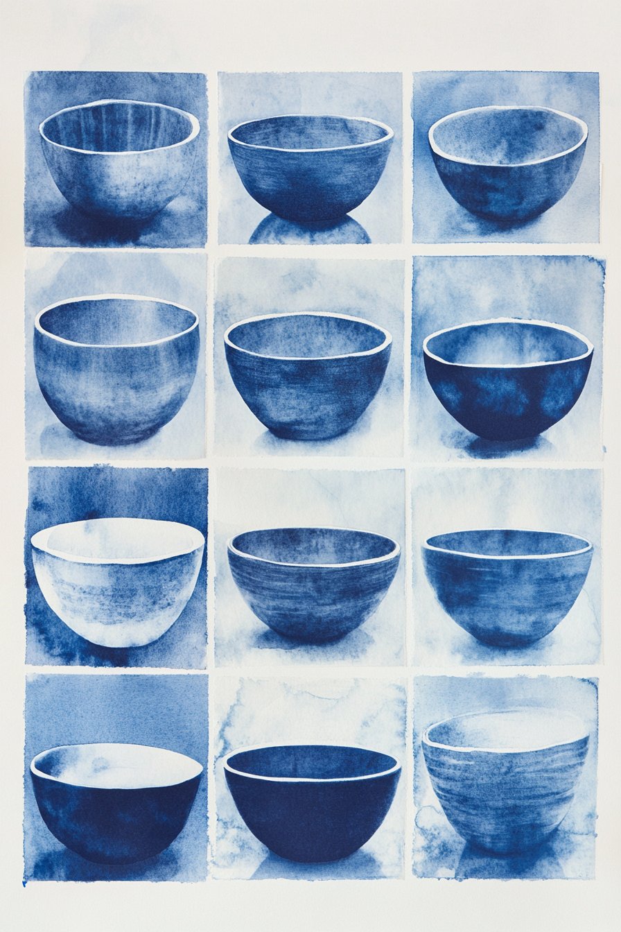 Blue and white bowls collage on watercolor grid