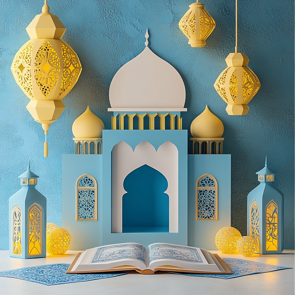 Blue and yellow Mawlid al-Nabi decor with mosque silhouette.