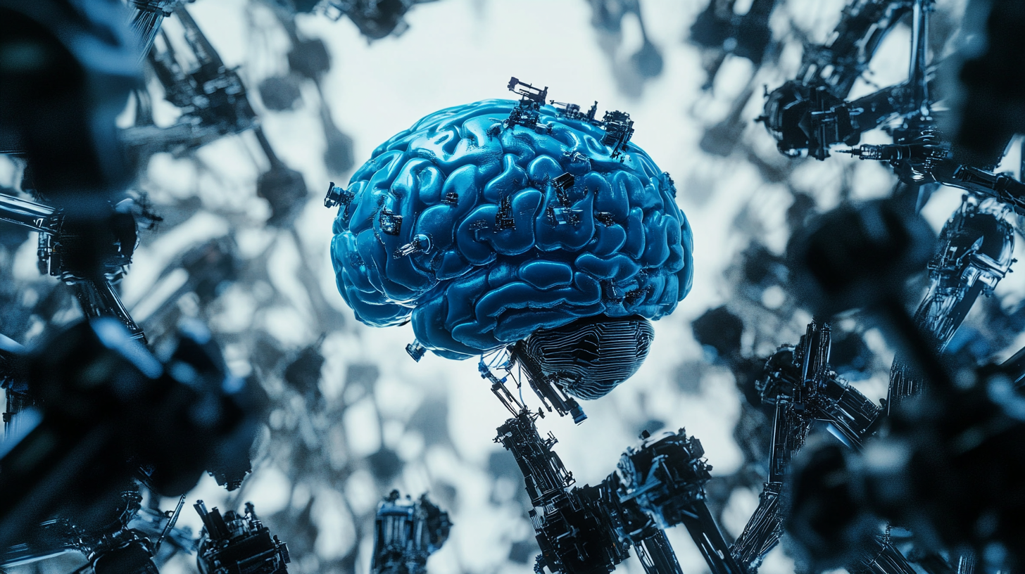 Blue brain in front of camera, mechanical parts, white background.