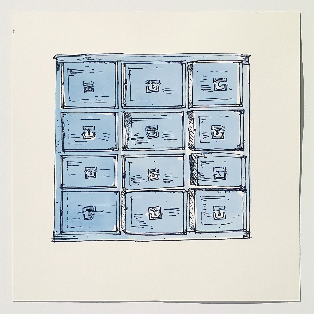 Blue cabinet with many drawers in drawing.