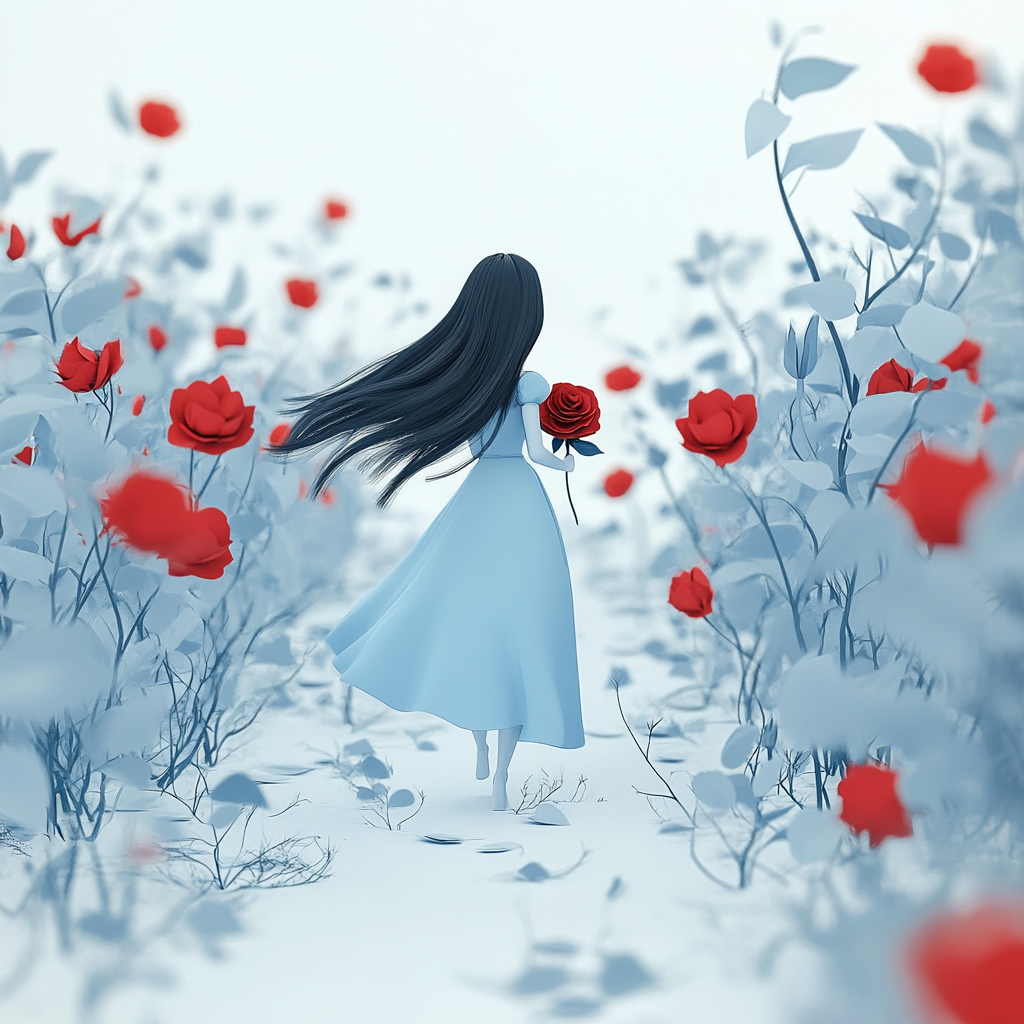 Blue dress, red roses, girl walking in flower sea.