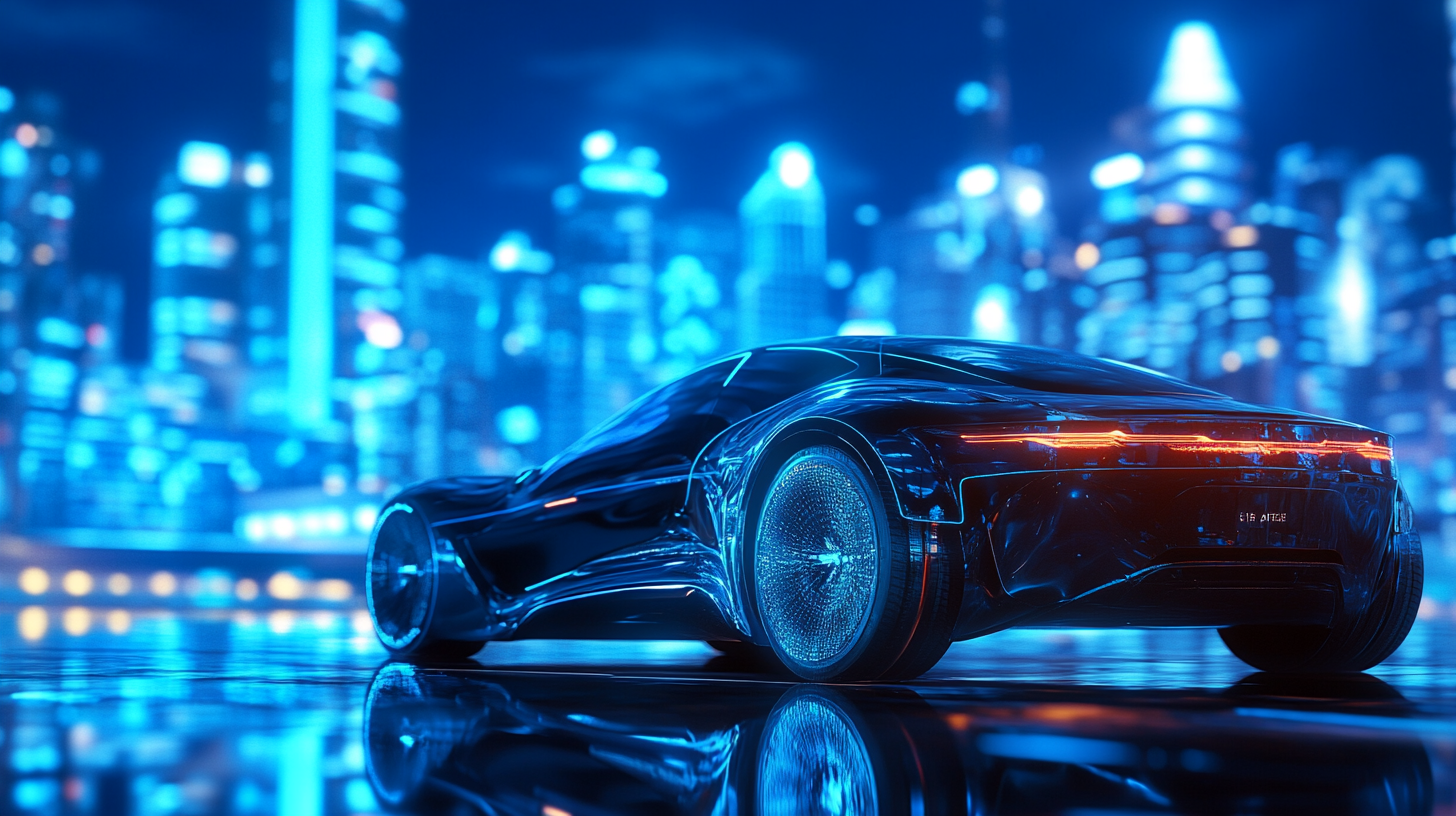 Blue electric cars with neon lights in futuristic city.