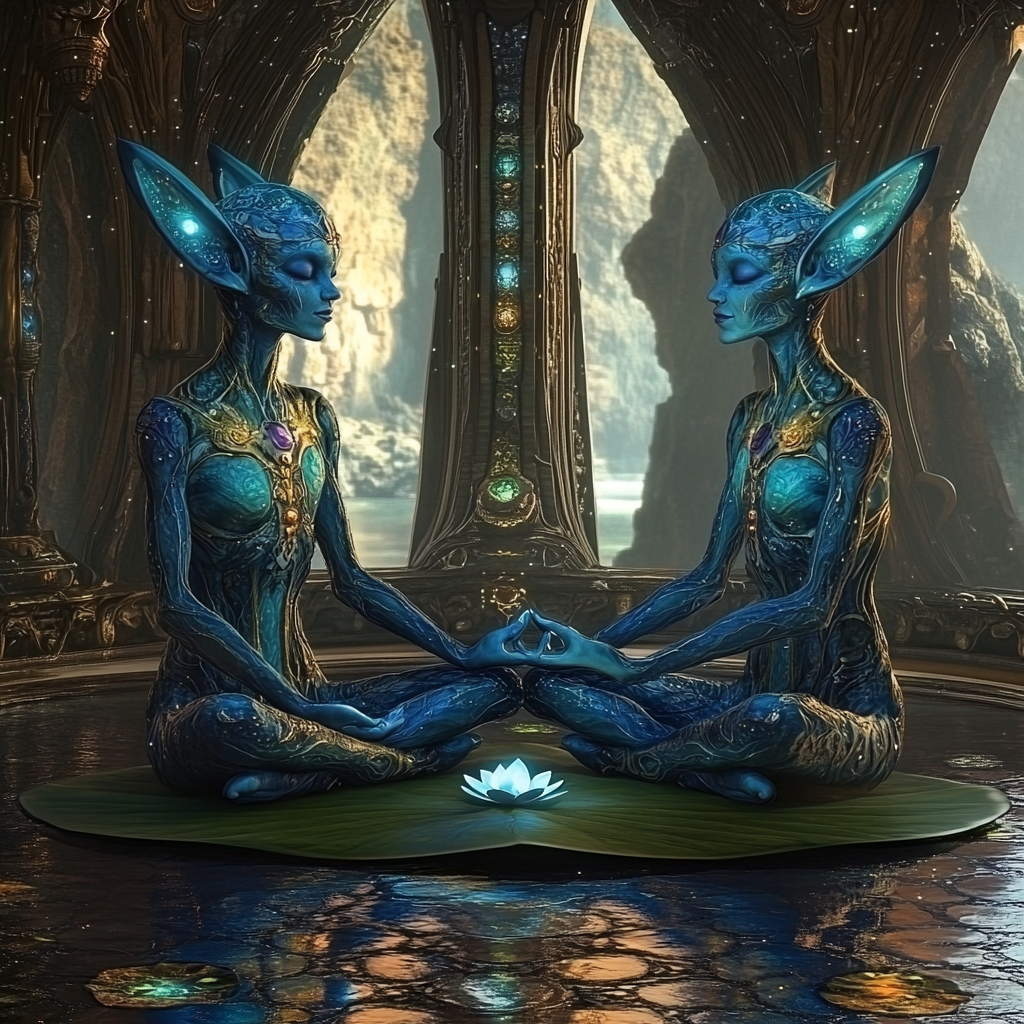 Blue elf aliens meditating in a spaceship