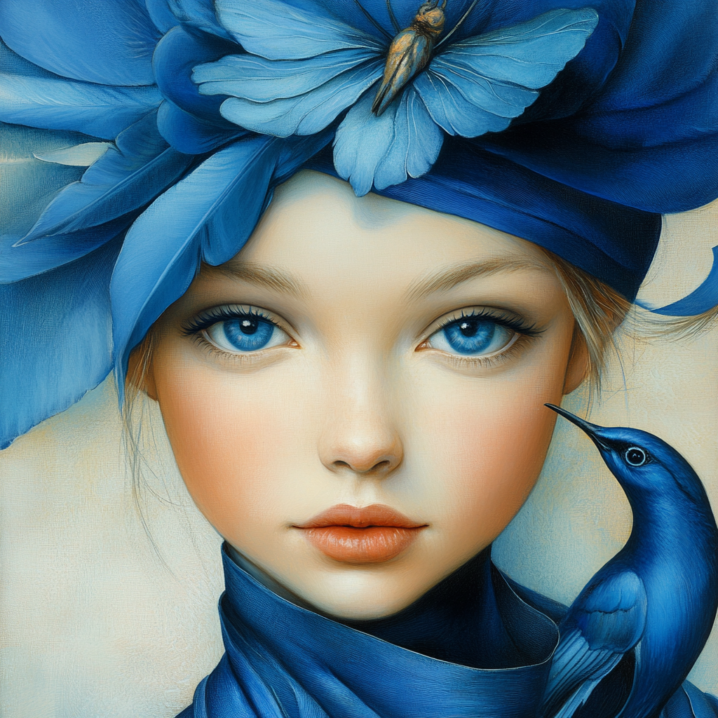 Blue-eyed girl in bird-like Tamara de Lempicka style.