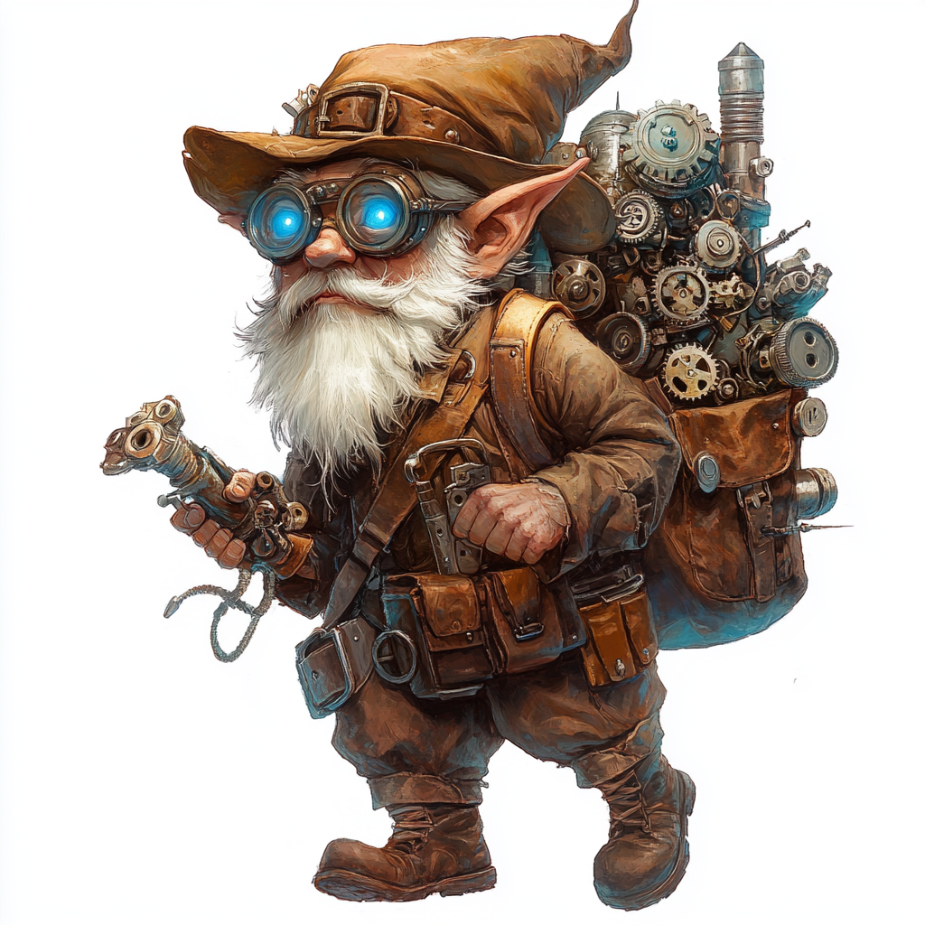 Blue-eyed gnome wizard with hat, glasses, gears carries bag