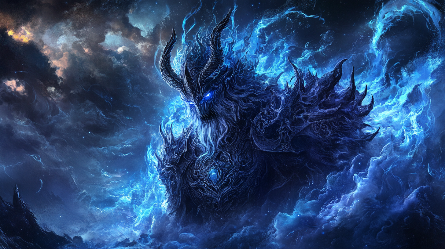 Blue fire in sky behind massive ancient demonic king.