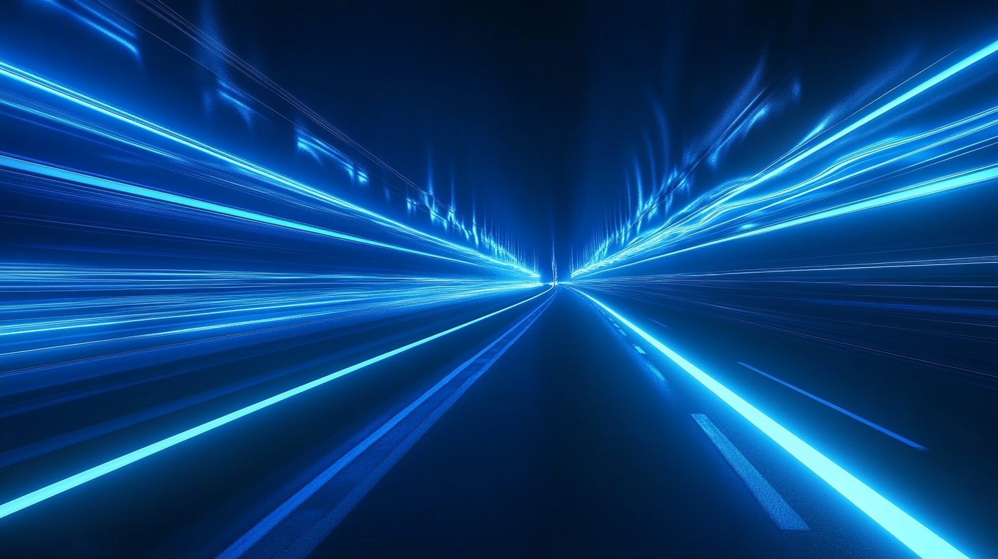 Blue highway, futuristic speed travel, neon lights, overall blue.