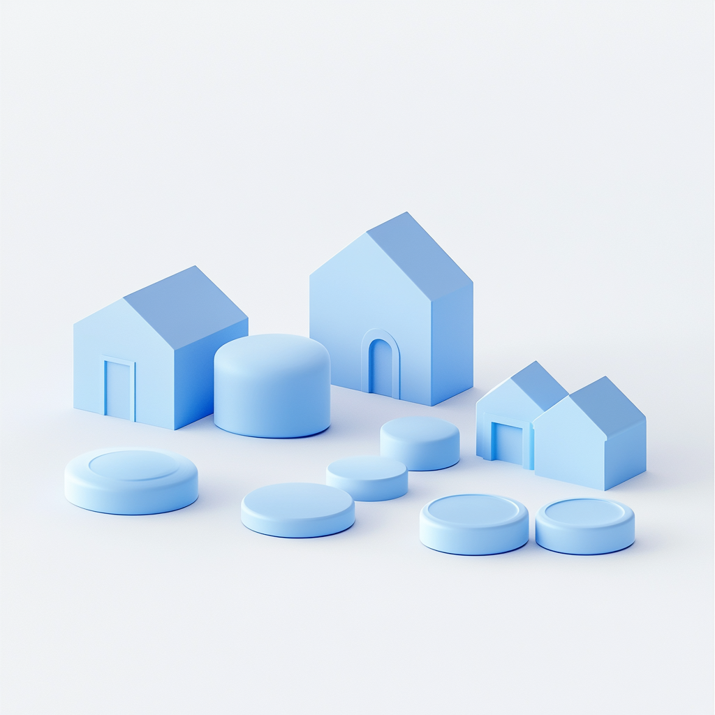 Blue houses and token coins in 3D