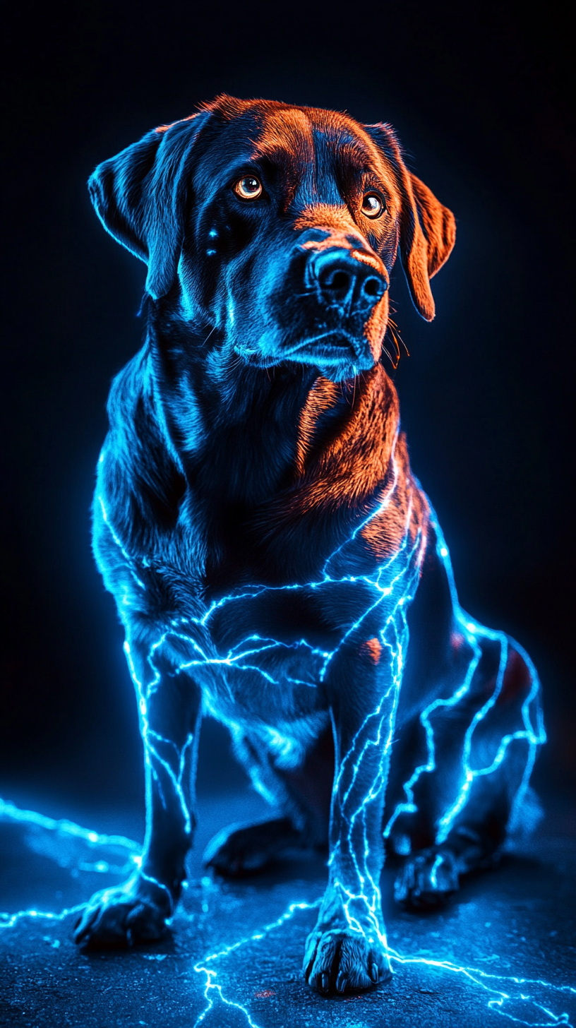 Blue lightning dog in dynamic storm scene.