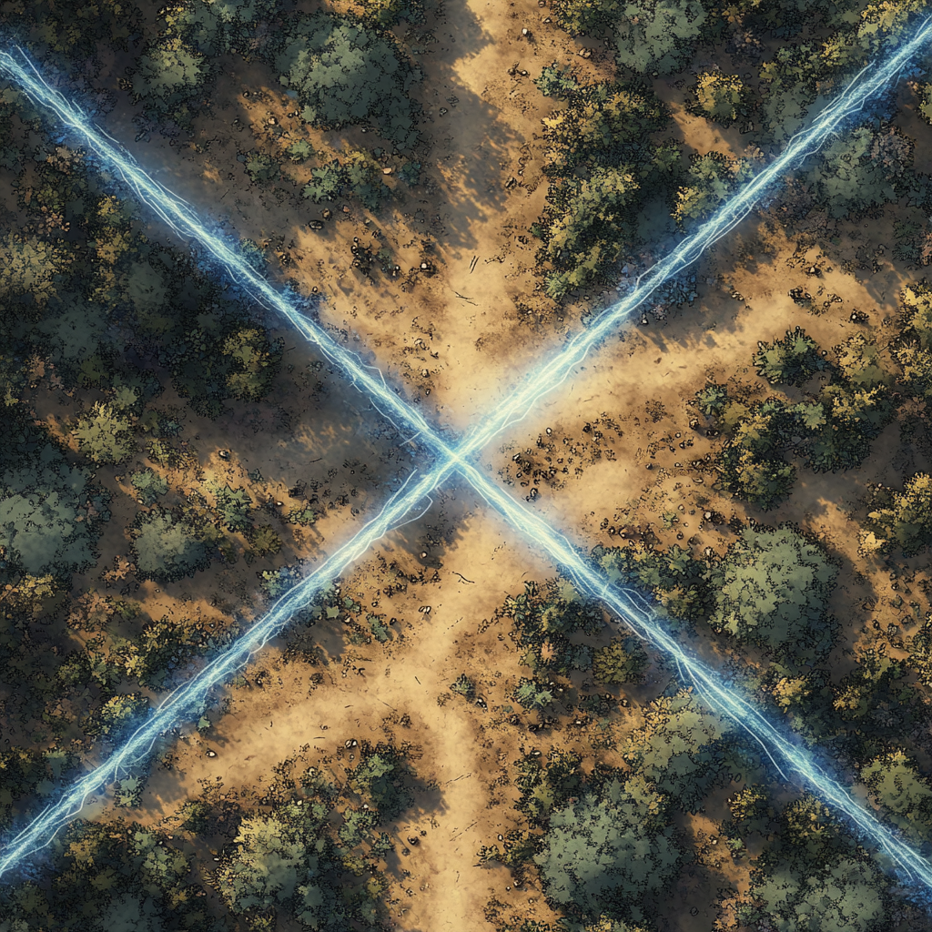 Blue magic lines intersect in wilderness map battle plan.