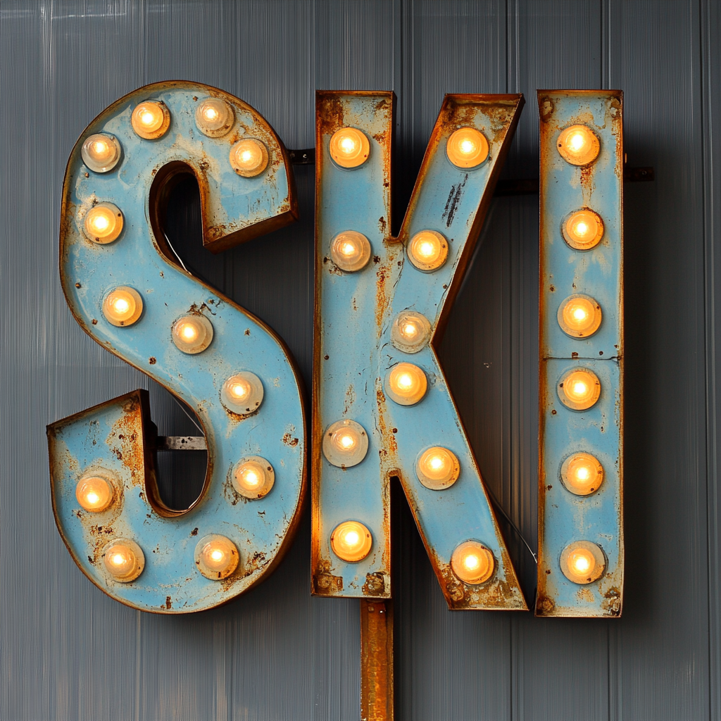 Blue metal sign with fairground style bulbs, no rust.