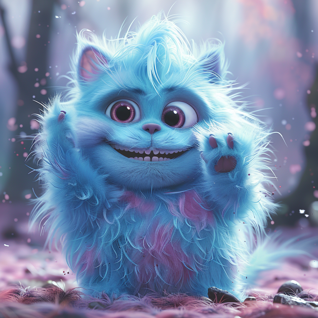 Blue monster with fluffy hair, pink lips, friendly expression.