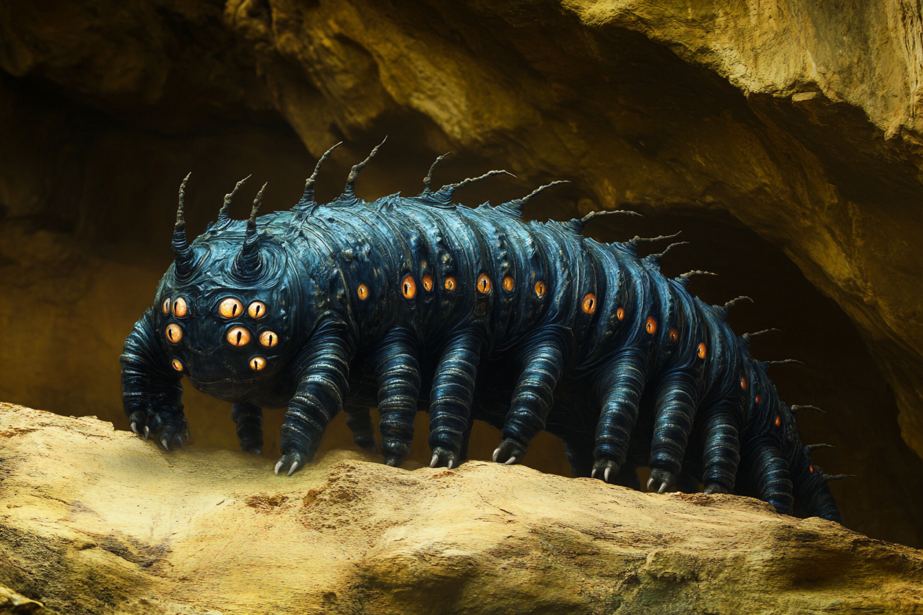 Blue monster with legs and eyes on cave roof.