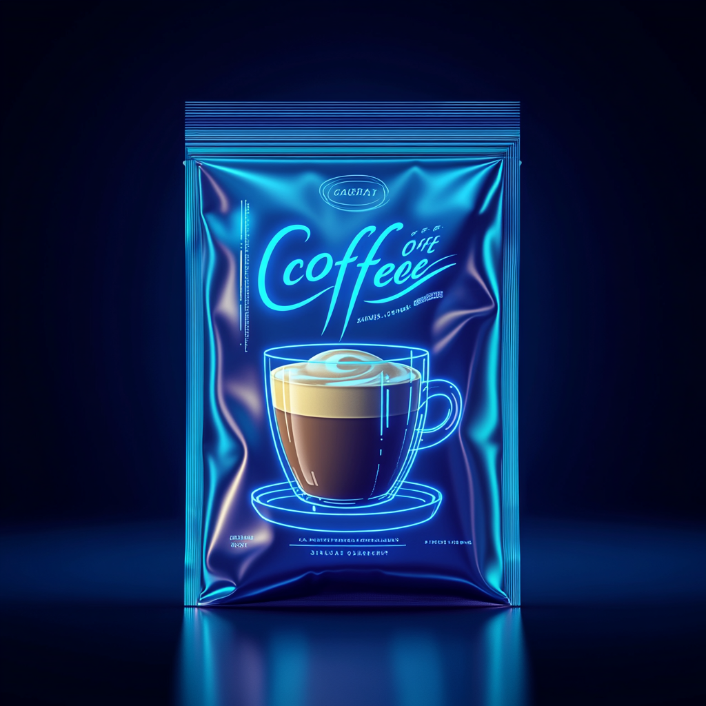 Blue neon coffee bag with latte cup design