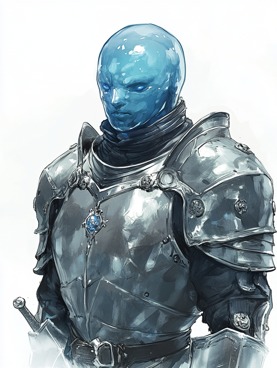 Blue plasmoid figure in shining silver knight armor portrait.