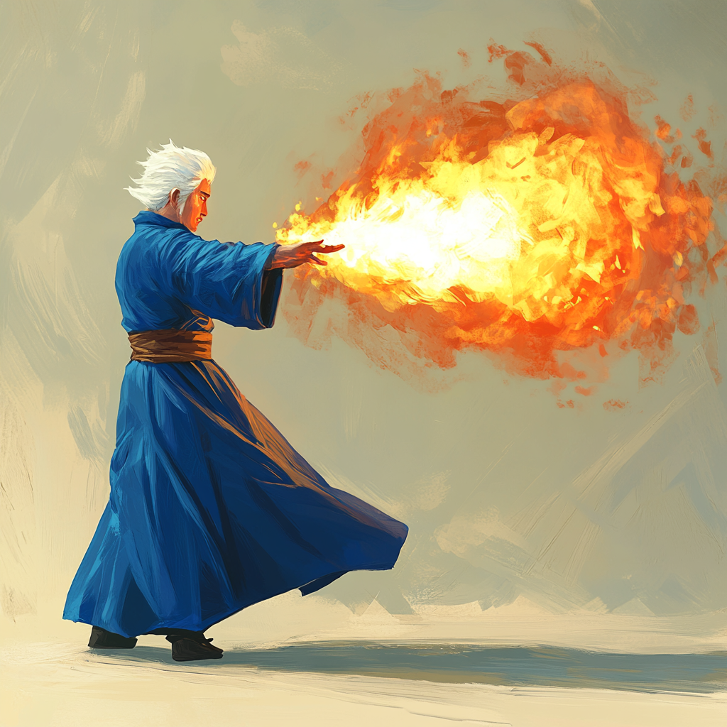 Blue-robed wizard casting fire magic on flaming target.