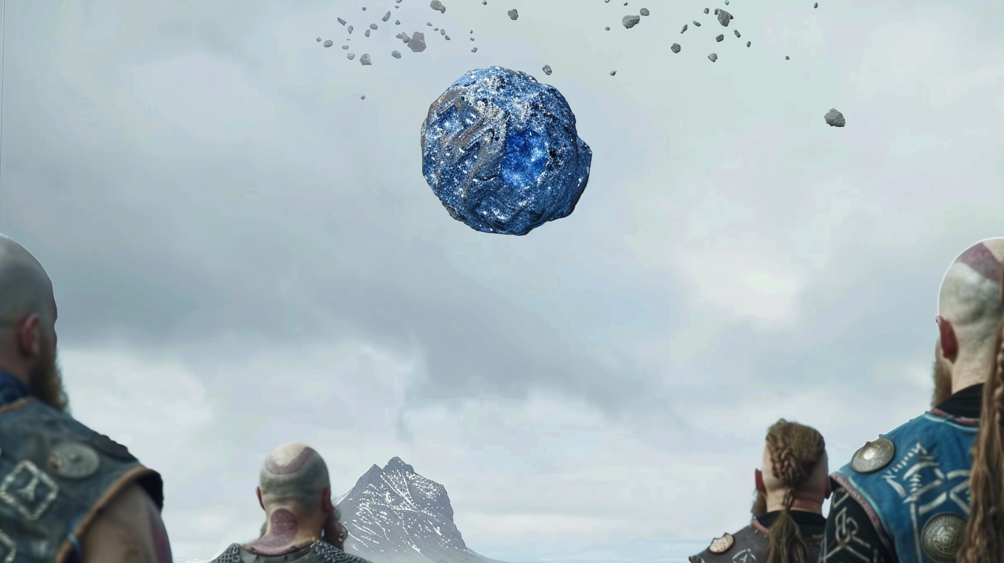 Blue sapphire meteorite falling in Norway, Viking men watching