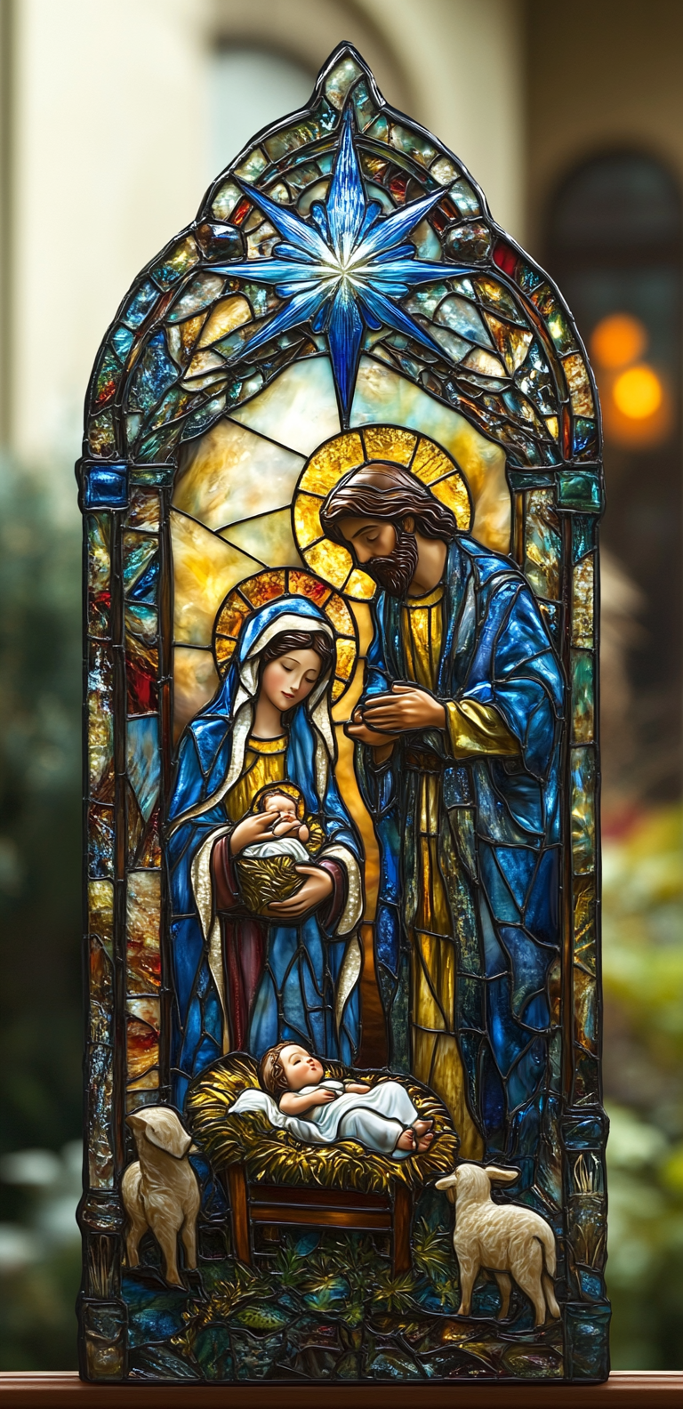 Blue star shines above cradle with Mary, Joseph.