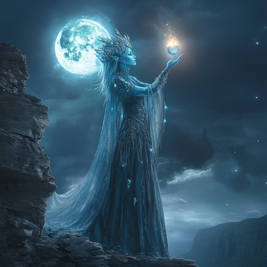 Blue woman with wax skin, candle head, silver robes, moon.