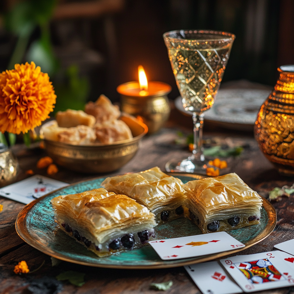 Blueberry baklava, gin and tonic in bright image