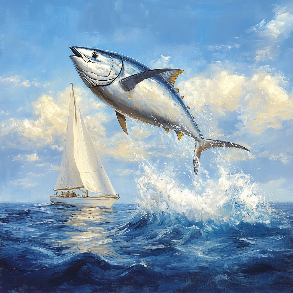 Bluefin tuna jumping over sailboat in serene ocean setting.