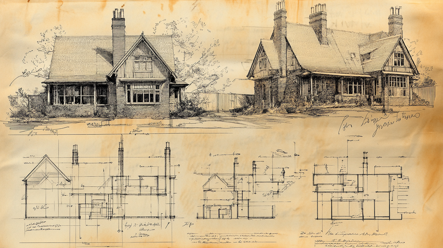 Blueprints of small houses with detailed measurements and sketches.