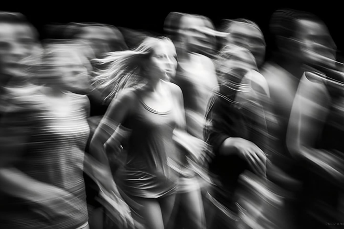 Blurred black and white human shapes in motion.