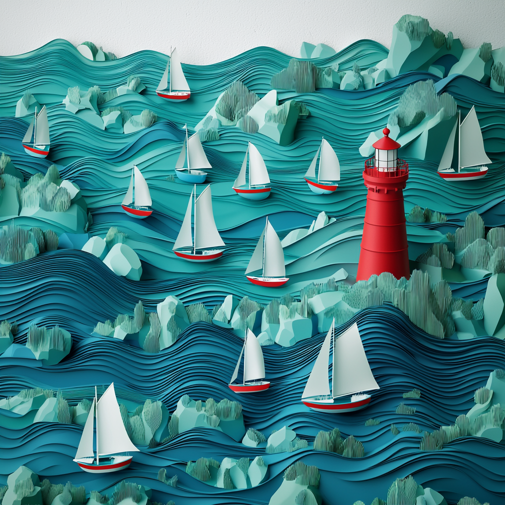 Boats and lighthouse in blue-green sea scene.