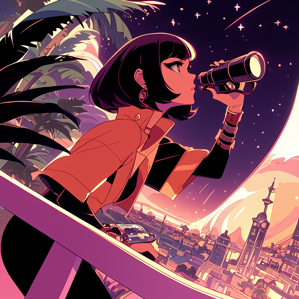 Bob cut Mexican woman with binoculars in futuristic city.