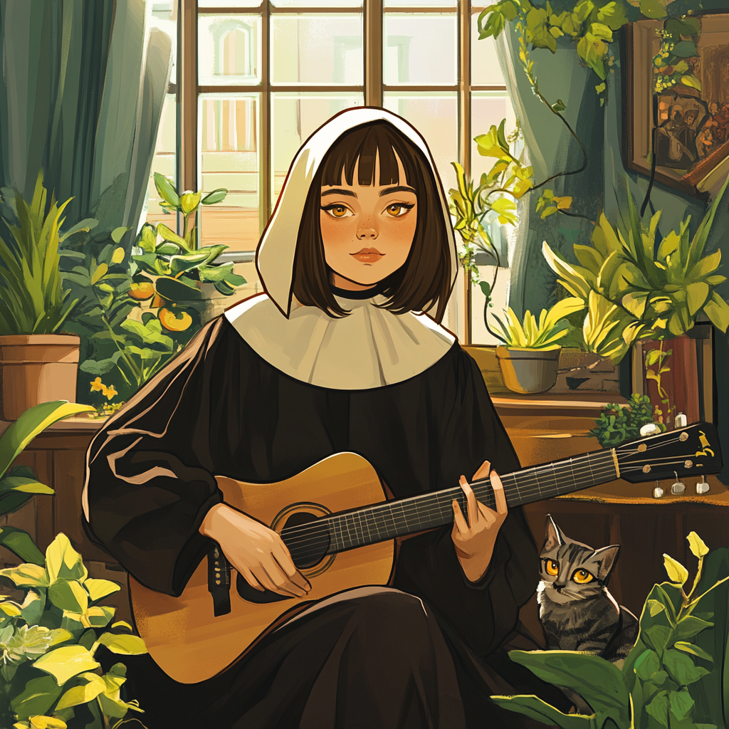 Bobbed hair, golden eyes, acoustic guitars, house plants.