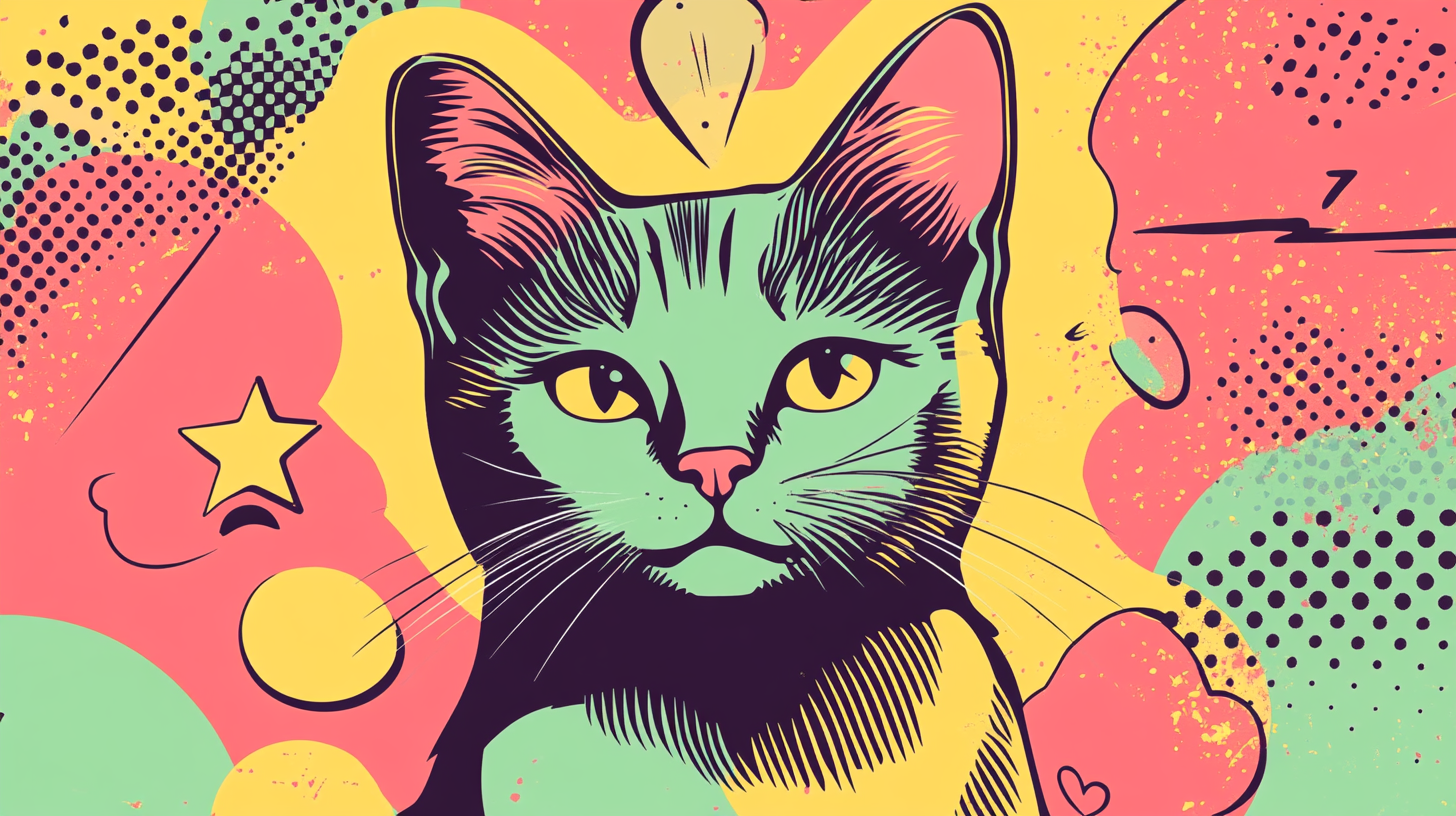 Bodhisattva cat in pop art style with retro elements.