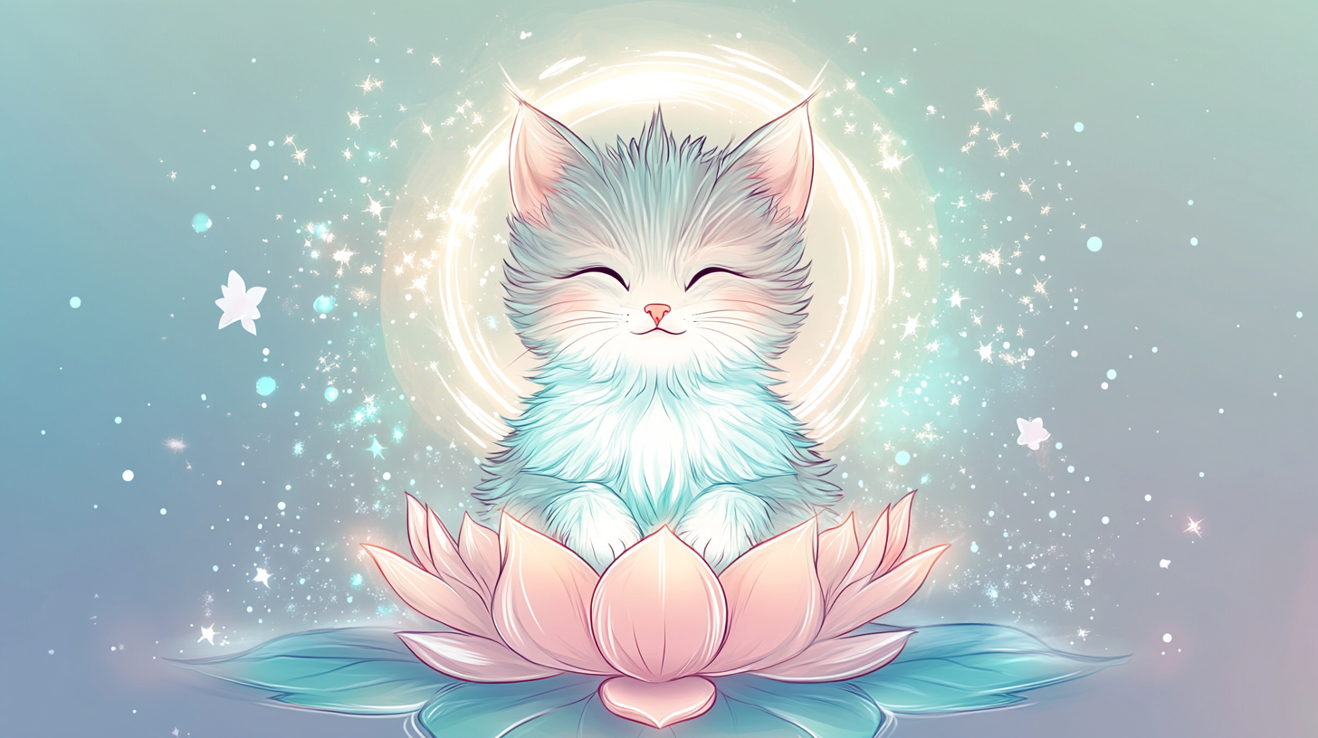 Bodhisattva cat with gentle smile on lotus flower