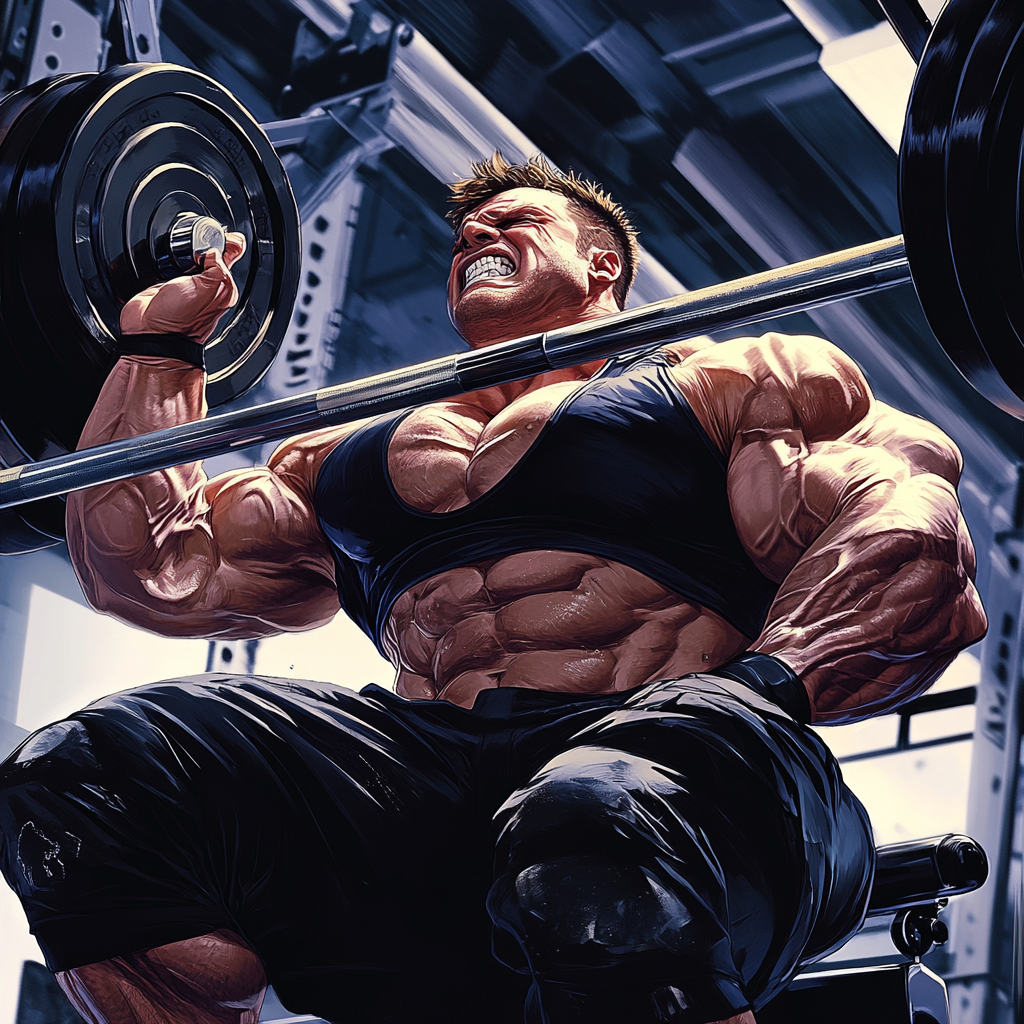 Bodybuilder lifts barbell, grimaces with effort, HD detail image.