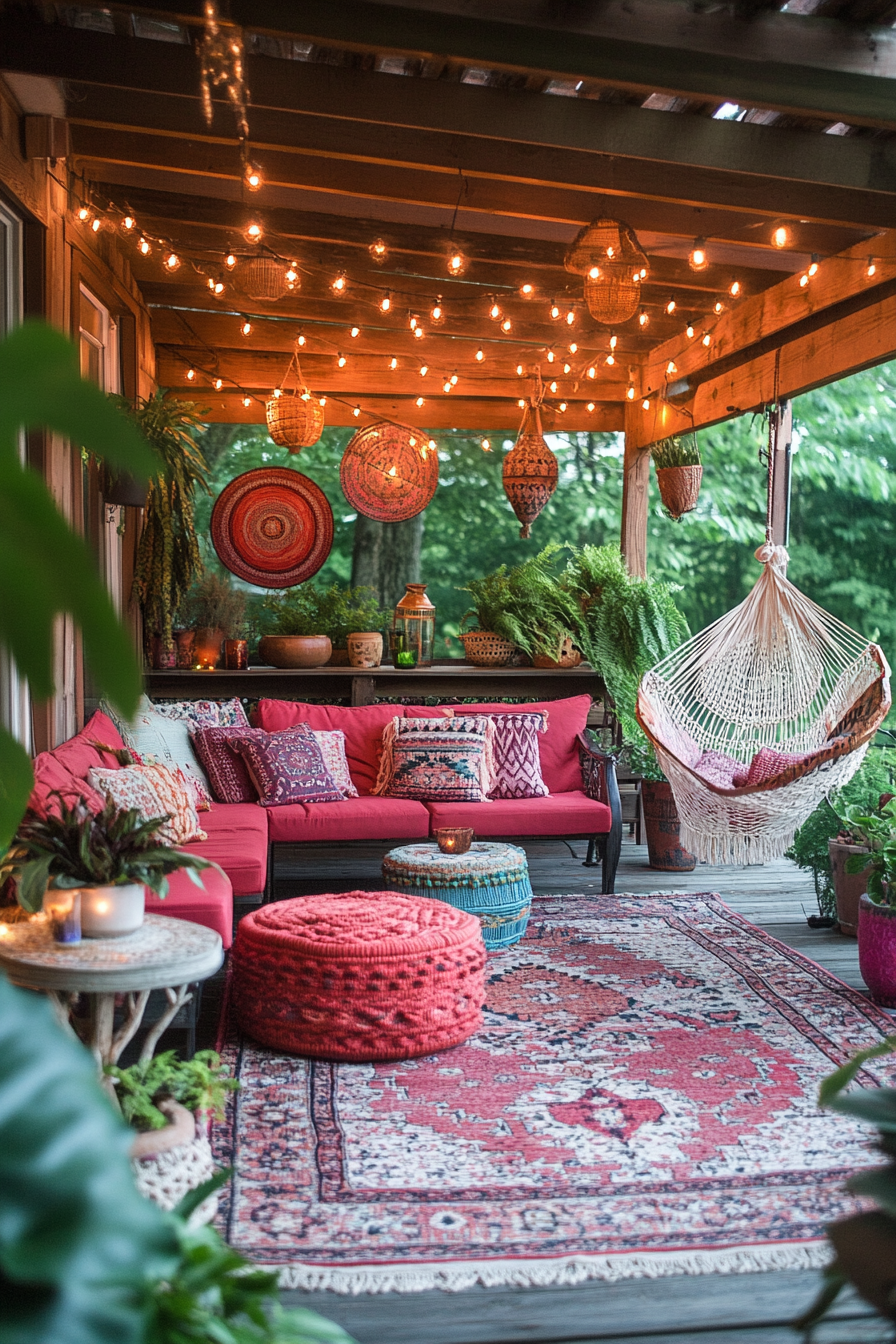 Bohemian chic patio with colorful furniture, hanging plants.