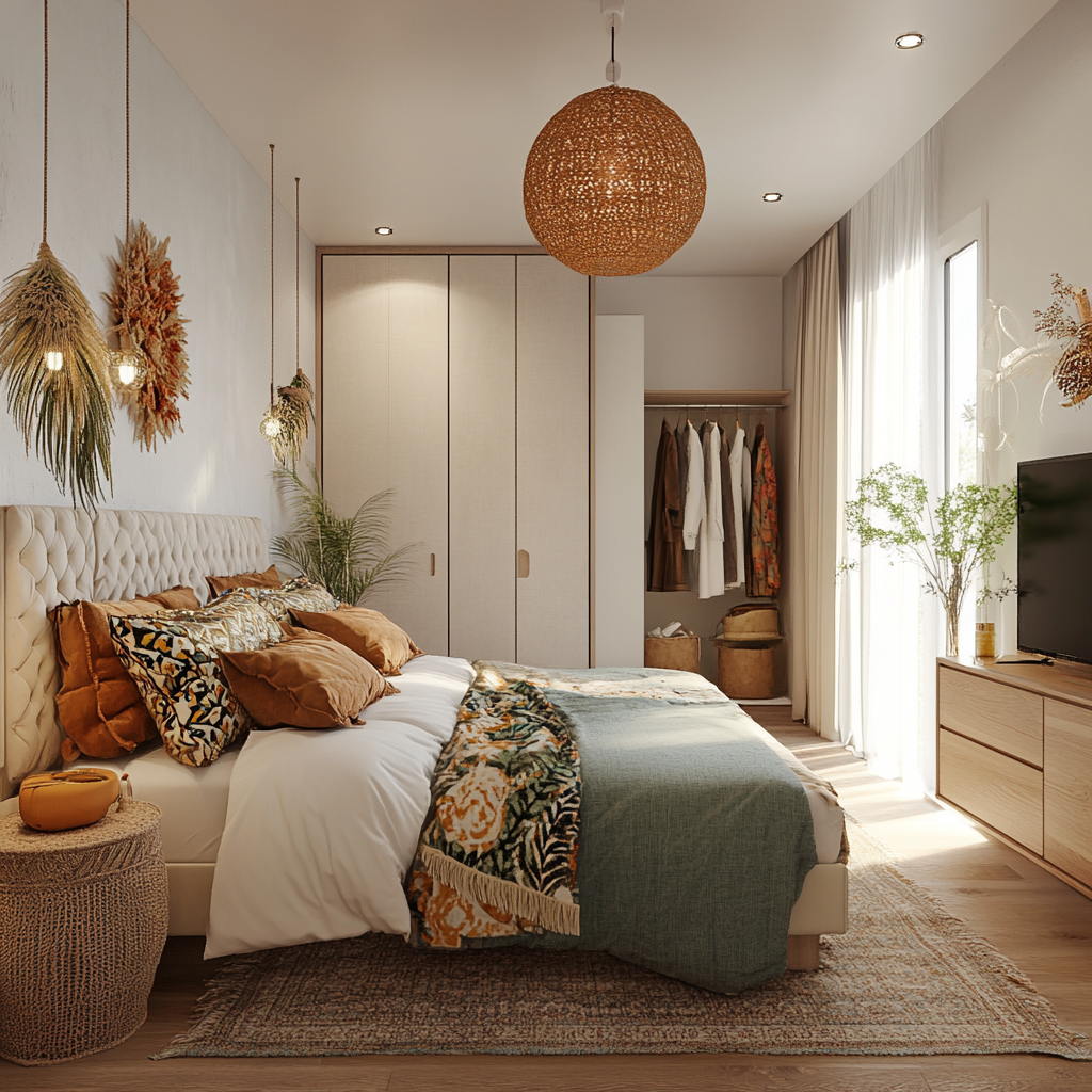 Boho chic bedroom with upholstered bedset, dresser, commode.