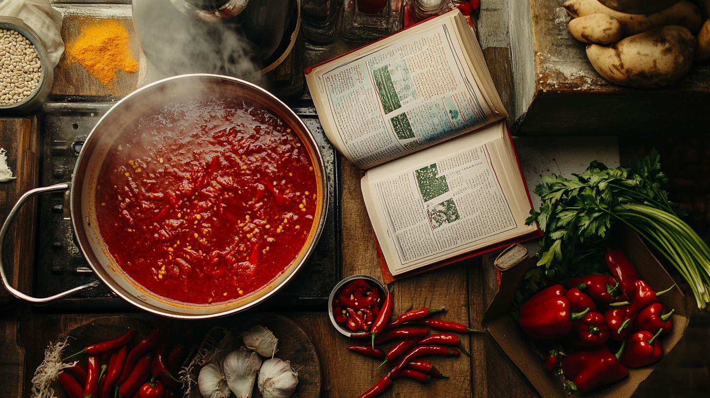 Boiling chili soup on kitchen table with recipe book